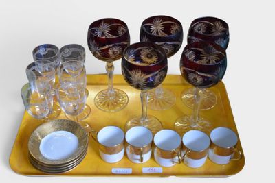 a tray with glasses, plates, and cups on it