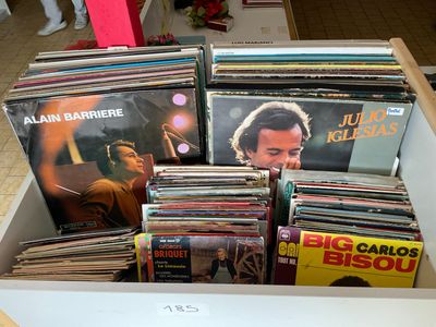 beaucoup de disques vinyles dans une boîte posée par terre