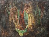 une peinture à l'huile représentant un bateau au milieu d'une forêt