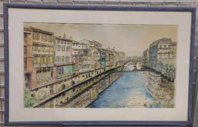 une image d'une peinture représentant une rivière traversant une ville