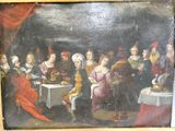 une vieille peinture représentant un groupe de personnes assises autour d'une table