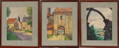 three framed paintings of a street and a building in a wood frame