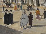 une peinture représentant un groupe de personnes marchant dans la rue