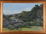 an oil painting of a view of a village in a wooded area