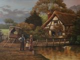 un tableau représentant des personnes debout devant un chalet