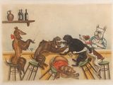 un tableau représentant des chiens qui jouent ensemble dans un bar