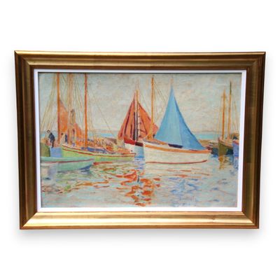 a painting of boats in the water with a sky background