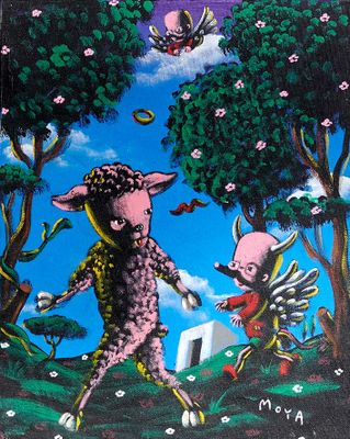 un tableau représentant un cochon et un cochon dans un champ