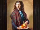 painting of a woman holding a plate of fruit in front of a wall
