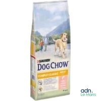 un sac de croquettes pour chien, avec un chien qui marche derrière