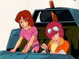 dessin représentant deux femmes dans une voiture, avec un homme à l'arrière