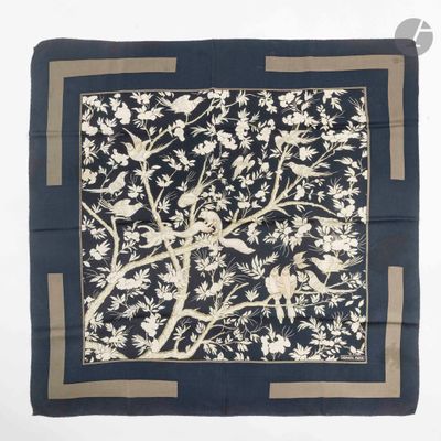 a close up of a square scarf with birds and flowers on it