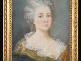 a painting of a woman in a blue dress with a gold frame