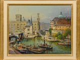 tableau représentant une scène fluviale avec des bateaux et des bâtiments en arrière-plan