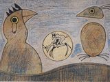 un tableau représentant trois oiseaux et un œuf posé par terre