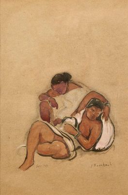 une image représentant un tableau où l'on voit deux femmes assises par terre