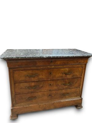 a wooden chest with a marble top on a white background