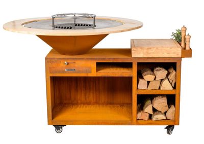 a wooden table with a fire pit on top of it