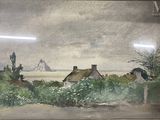 an image of a painting of a farm with a thatched roof