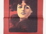 une vieille affiche de cinéma représentant une femme aux cheveux longs sur fond rouge