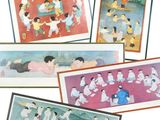 Plusieurs tableaux représentant des personnes d'origine asiatique sont exposés sur un fond blanc.