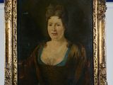 a painting of a woman in a brown dress is on a wooden easel