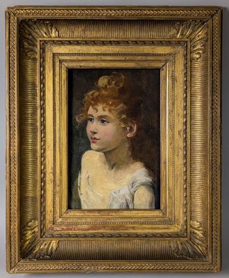 un tableau représentant une jeune fille en robe blanche, dans un cadre doré