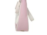 a pink and white bag with a bow on it