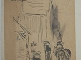 a drawing of a group of people standing outside of a building
