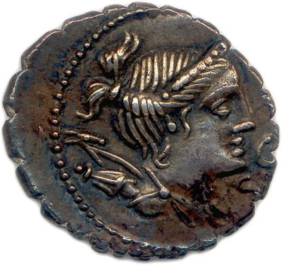 une pièce d'argent sur laquelle figurent le portrait d'une femme et un oiseau