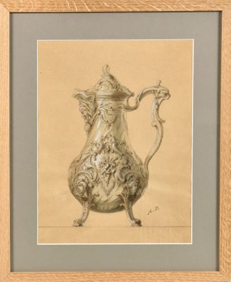 painting of a silver pitcher in a wooden frame on a beige background