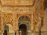 an oil painting of a courtyard with potted plants in it