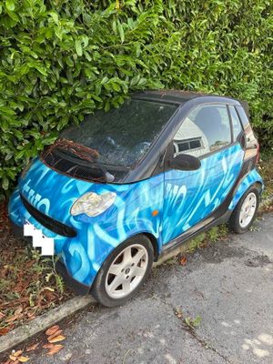 a small blue car parked on the side of the road