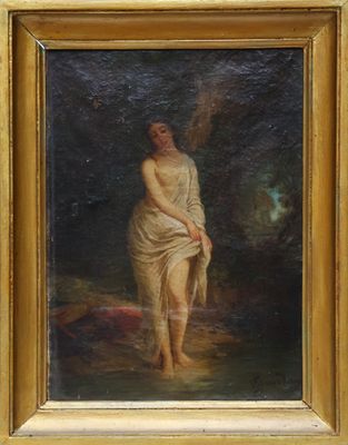 tableau représentant une femme en robe blanche tenant une canne