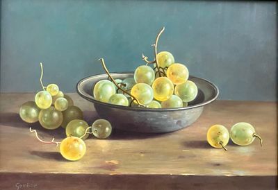 un tableau représentant des raisins dans un bol posé sur une table