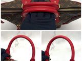 three pictures of a handbag with a red handle and a black handle