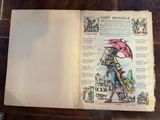 an open book with a drawing of a man holding a pink umbrella