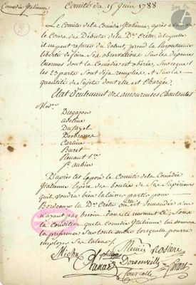 COMÉDIE ITALIENNE. P.S. par 8 membres du comité, 15 juin 178…