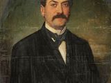 painting of a man in a suit and bow tie with a moustache