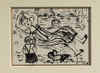 dessin représentant un homme et une femme dans un parc avec un chien