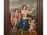 a painting of a woman and two children in a landscape