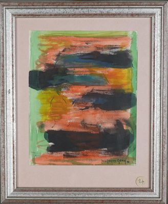 an abstract painting of orange, black, and green stripes