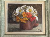 une peinture de fleurs dans un vase sur une table