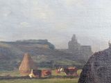 an oil painting of cows grazing in a field with hay stacks in the background