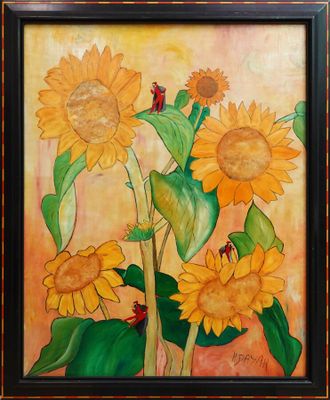 un tableau représentant des tournesols avec des coccinelles posées dessus