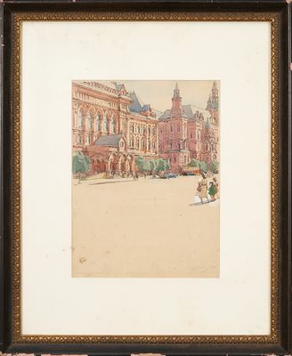 une peinture représentant un vieux bâtiment avec une tour horloge en arrière-plan