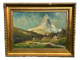 une peinture à l'huile représentant une montagne avec une maison au premier plan