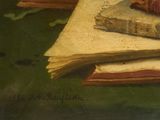 a painting of a stack of books on a table