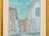 an image of a painting of a street with buildings in the background