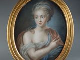 a painting of a woman in a blue dress holding a red shaw